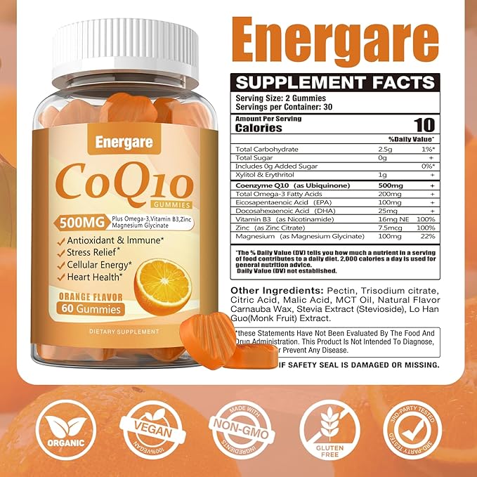 2 Pack CoQ10 500MG Gummies - 3X Better Absorption Coenzyme Q10 Supplements - Plus Omega-3, Magnesium, Vitamin B3 & Zinc for Heart Health, Cellular Energy & Antioxidant, Vegan, Non-GMO 120 Ct