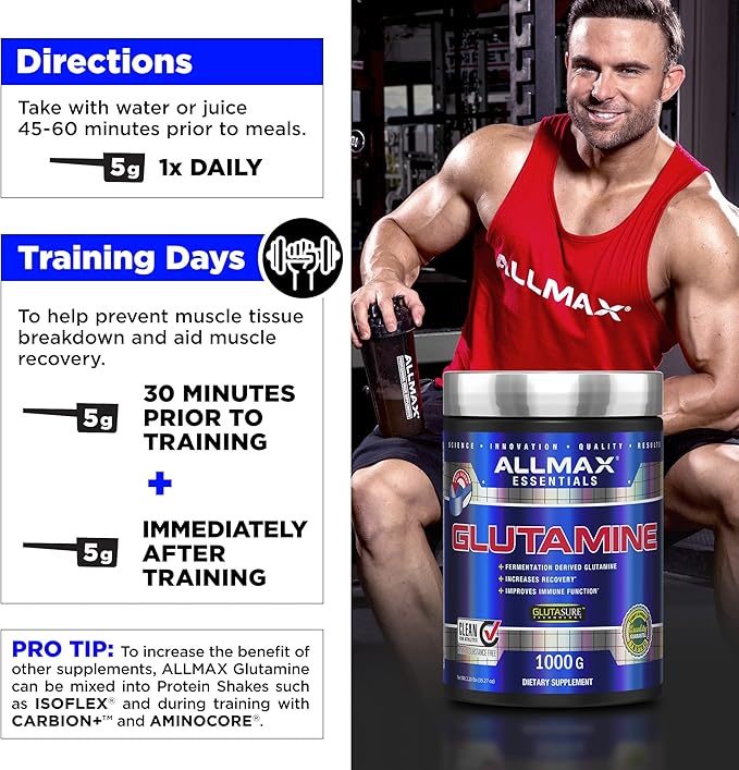 ALLMAX Essentials GLUTAMINE - 100 g Powder - Fermentation-Derived Glutamine - Increases Recovery & Supports Immune System - Gluten Free & Vegan - 20 Servings