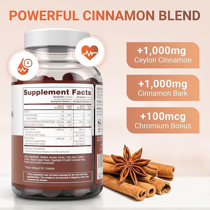 Sugar-Free Ceylon Cinnamon Gummies (2,000mg/Serving) Joint Pain Support Supplement for Brain Health, Vegan, Gluten-Free, Replace Ceylon Cinnamon Capsules, Pills, Powder, Extract (60 Chews)