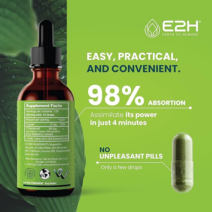 E2H Chlorophyll Liquid Drops - Natural Energy Booster, Immune System Support and Internal Deodorant - Peppermint Flavor - 2 Fl Oz