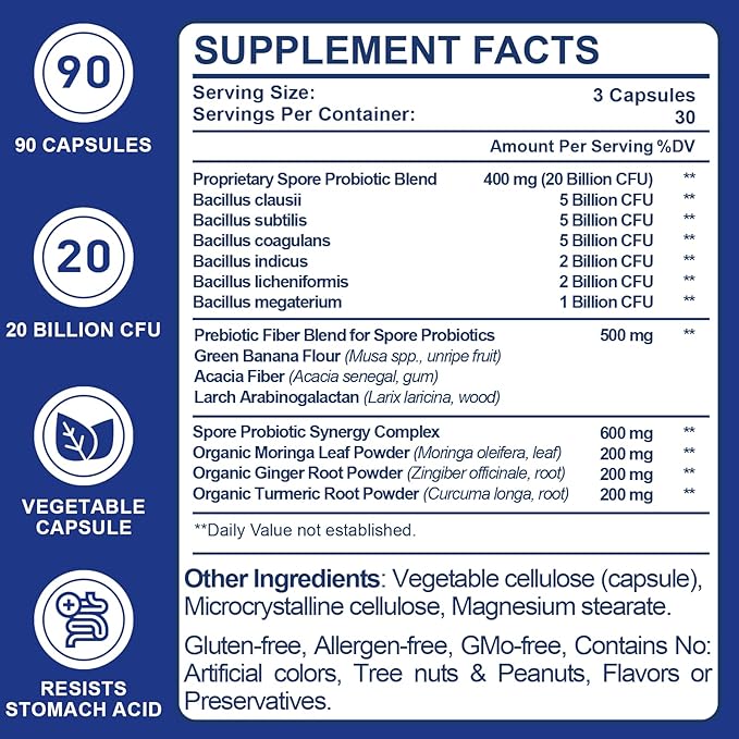 Spore Probiotic, 100% Spore Based Probiotics for Digestive Health, Gut, Immune - 20 Billion CFU All-Spore Probiotics for Women & Men, Acid-Resistant & No Refrigeration, Vegan, 90 Probiotic Capsules
