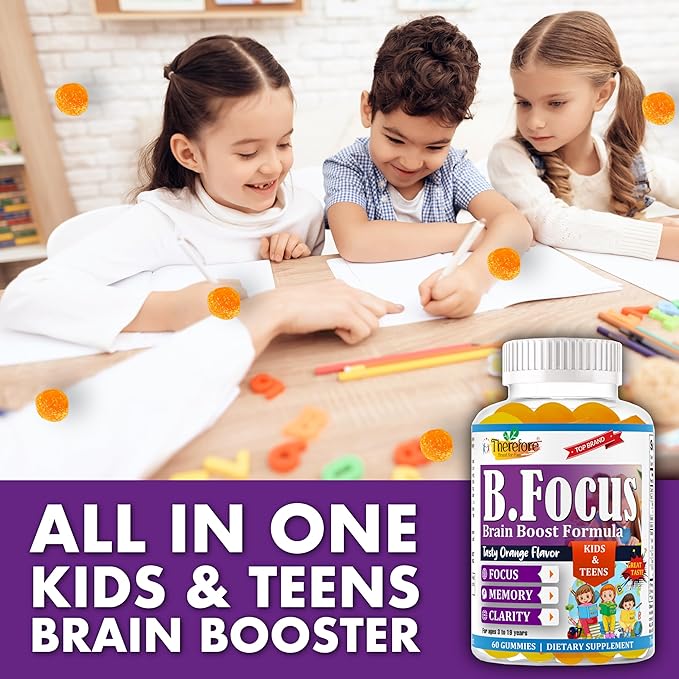 Therefore Kids Brain Booster Supplement Omega 3 for Kids & Teens, Focus Gummies Support Mental Clarity, Attention Concentration, Brain Supplements for Memory and Focus, Fruity Flavor 60 Gummy
