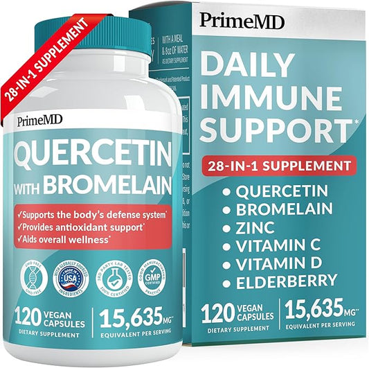 28-in-1 Quercetin with Bromelain Supplement for Daily Immune Defense Support - Quercetin with Vitamin C and Zinc for Adults Enriched with Vitamin D and Elderberry (120ct)