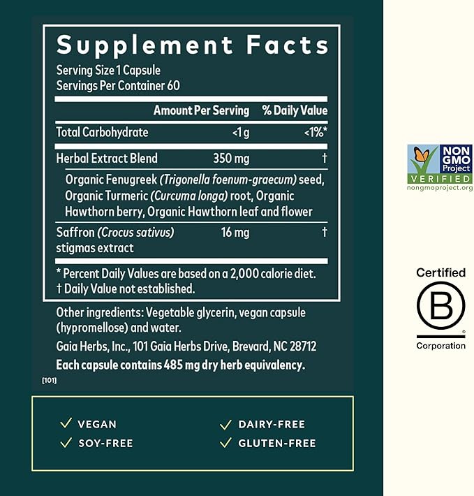 Gaia Herbs Cycle Serenity - Women's Hormonal Balance Supplement - Made with Fenugreek, Saffron, Turmeric & Hawthorn - Free from Gluten, Dairy & Soy - 60 Vegan Capsules (60 Servings)