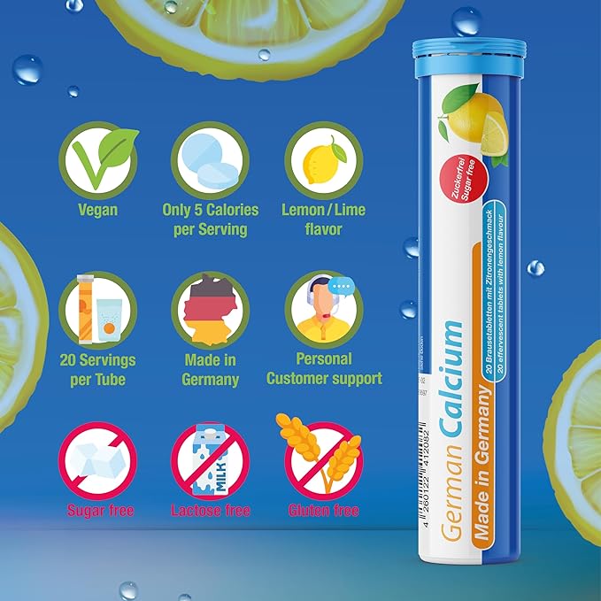 German Calcium 140 Drink Effervescent Tablets - Lemon Lime Flavour - 500 mg Calcium, Sugarfree, Vegan- T&D Pharma – Made in Germany