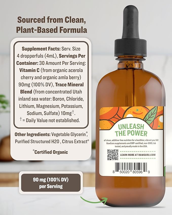 RawGuru Organic Vitamin C Tincture - Liquid Vitamin C with Trace Minerals - Nano-Processed Antioxidant & Immune Support Supplement Tincture - 30 Servings of Vegan Drops per 120 ml, Pack of 1