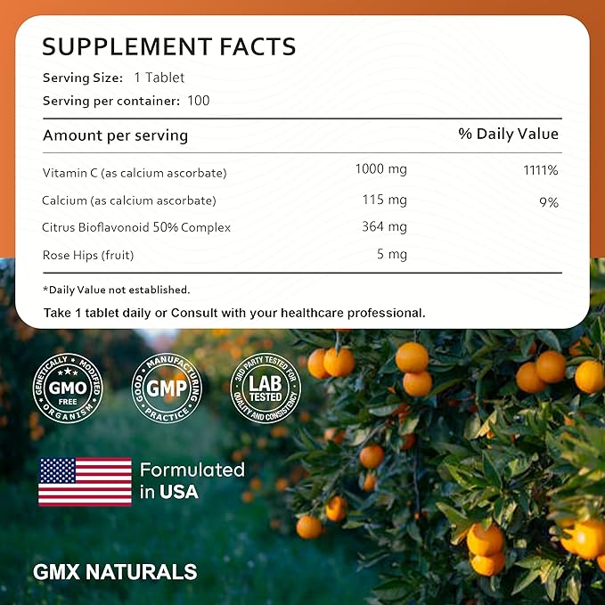 Buffered Vitamin C 1000mg - 100 Tablets - Immune Support & Boost - Vitamin C with B Complex for Men & Women