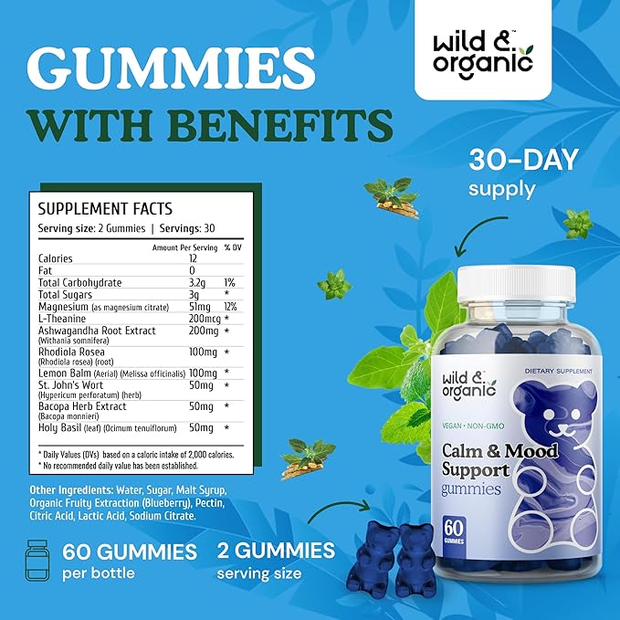 Wild & Organic Calm & Mood Gummies - Mood Support Supplement - Calming Chews w/Ashwagandha Root, Rhodiola Rosea, Lemon Balm - Ashwagandha Supplements Gummies - 60 Count