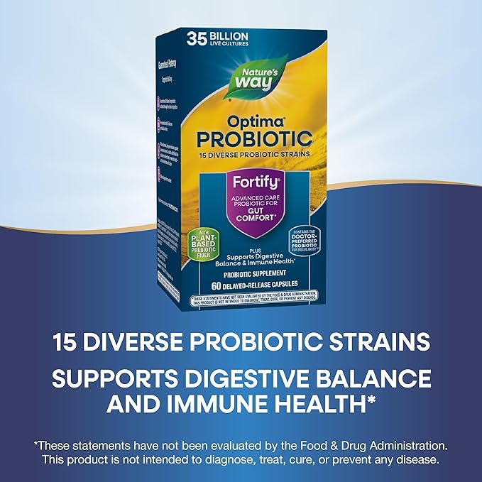 Nature's Way Fortify Optima Probiotic for Adults, 35 Billion Live Cultures, 15 Strains, Supports Digestive Balance and Immune Health*, No Refrigeration Required, 60 Capsules (Packaging May Vary)