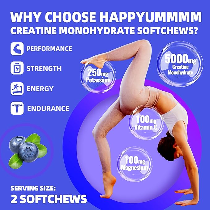 Creatine Monohydrate Soft Chews 5g for Men & Women, Preworkout Gummy with Electrolyte for Muscle Growth, Strength & Energy Support, Blueberry 60 pcs