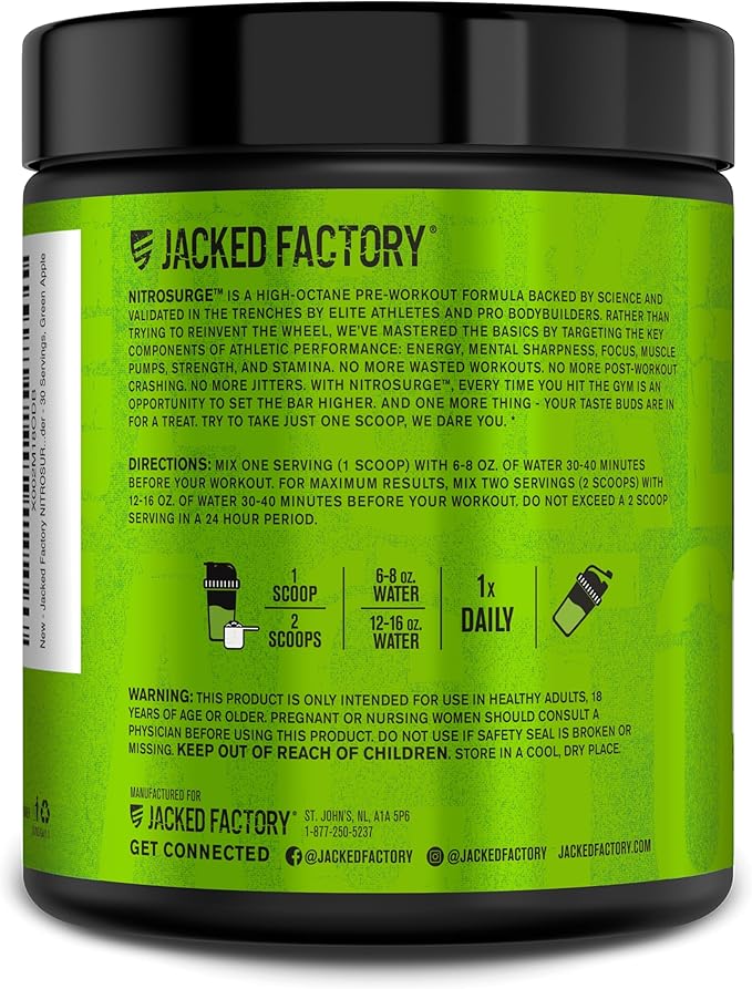 Jacked Factory NITROSURGE Pre Workout Supplement - Endless Energy, Instant Strength Gains, Clear Focus, Intense Pumps - NO Booster & Powerful Preworkout Energy Powder - 30 Servings, Green Apple