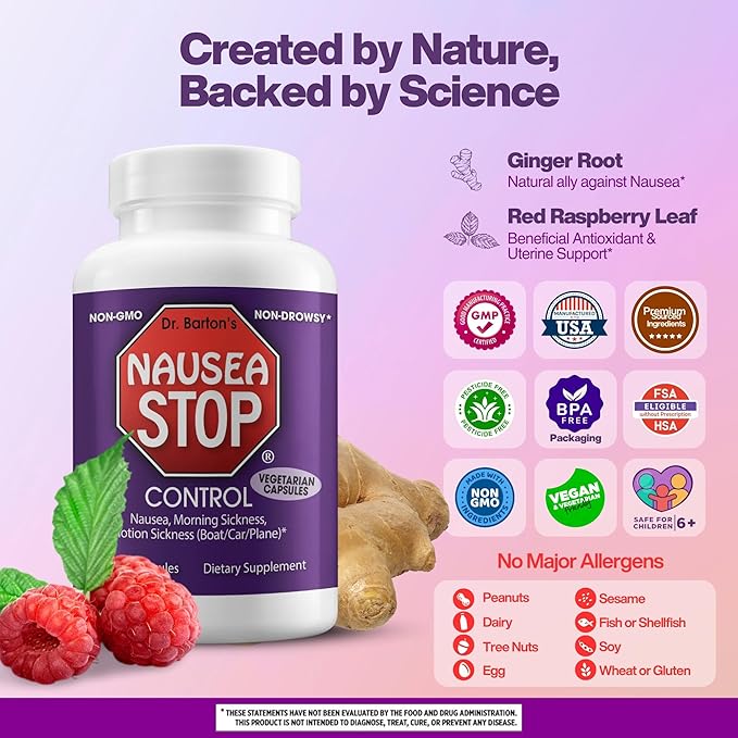 Dr. Barton’s Nausea Stop - Natural Ginger, Non-Drowsy Nausea Relief Pills for Adults & Kids, Anti Nausea, Upset Stomach, Morning Sickness & Pregnancy Nausea - Travel Essentials - 80 Capsules (1 Pack)
