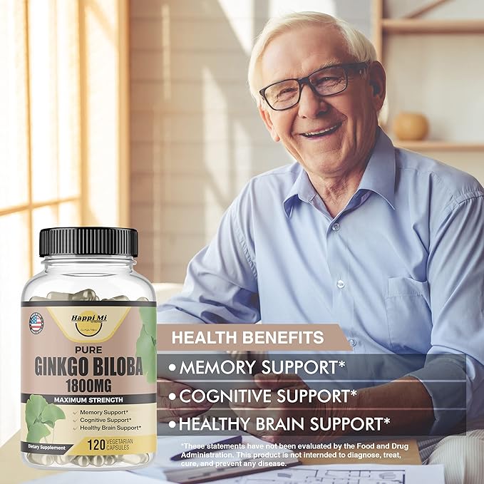 Ginkgo Biloba 1800mg, Ginkgo Biloba Organic, Memory & Brain Function Support, Improves Concentration and Cognitive Support, Clarity, 120 Veggie Caps, Non GMO, 120Caps