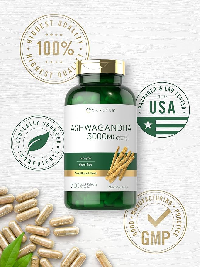 Carlyle Ashwagandha Supplement 3000mg | 300 Capsules | Root Extract Supplement | Non-GMO, Gluten Free