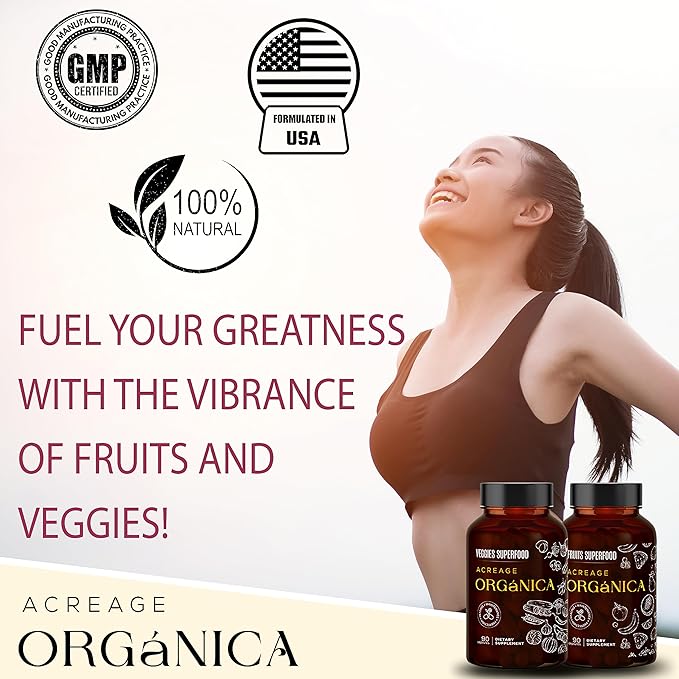 Fruits and Vegetables Supplements | Whole Foods Energy Supplements with 36 Fruit & Vegetable Blend Superfood | Essential Vitamins and Minerals | 90 Fruit & 90 Veggie Capsules