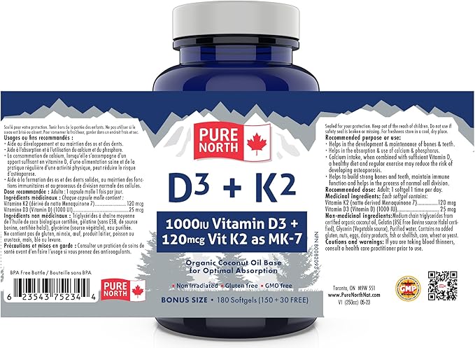 D3 + K2 Vitamin Supplement 180 Softgels - 6 Months Support, D3 1000IU + K2 MK7 120mcg with Organic Coconut Oil for Optimal Absorption - 3rd Party Tested & Proudly Canadian