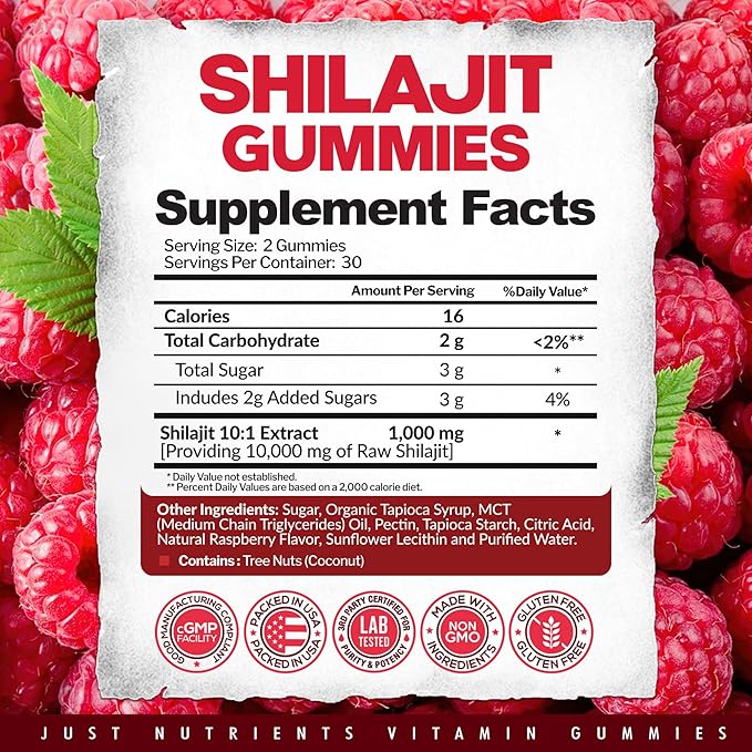 Shilajit Gummies 10,000mg for Men & Women - Maximum Strength Pure Himalayan Shilajit, Gluten-Free, Non-GMO, 100% Vegetarian - Natural Raspberry Flavor - 60 Count