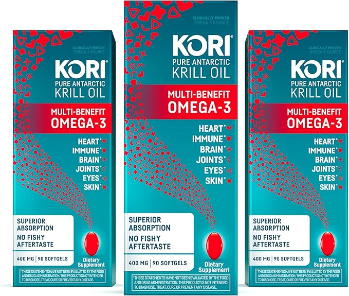 Kori Krill Oil Omega-3 400mg, 270 Mini Softgels | Multi-Benefit Omega-3 Supplement | Superior Absorption vs Fish Oil, Easy to Swallow (Pack of 3)