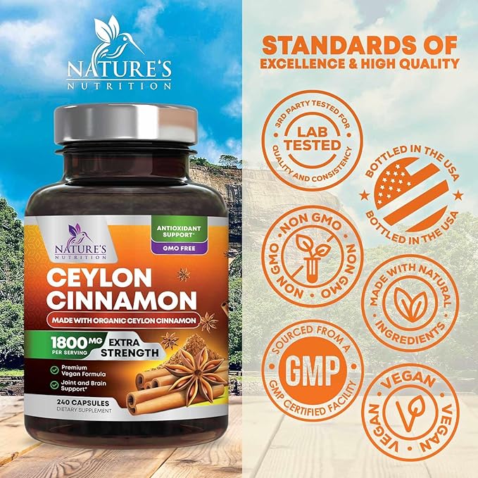 Organic Ceylon Cinnamon Supplement 1800mg - Certified Organic Ceylon Cinnamon Powder Pills - Energy & Heart Support for Women & Men, Bottled in USA, Antioxidant, Gluten Free, Non-GMO - 240 Capsules