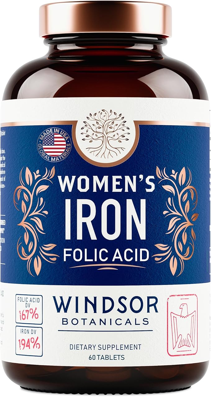 Iron and Folic Acid Supplements for Women - 35mg Gentle Iron Vitamin, Folic Acid 400mcg - Anemia, Period, Pregnancy Support Supplement, Ferrous Sulfate Pills - 60 Vegan Non-Constipating Tablets