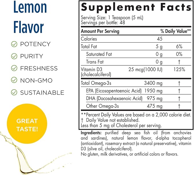 Nordic Naturals ProOmega-D Xtra Liquid, Lemon Flavor - 8 oz - 3400 mg Omega-3 + 1000 IU D3 - High-Potency Fish Oil - EPA & DHA - Brain, Eye, Heart, & Immune Health - Non-GMO - 48 Servings
