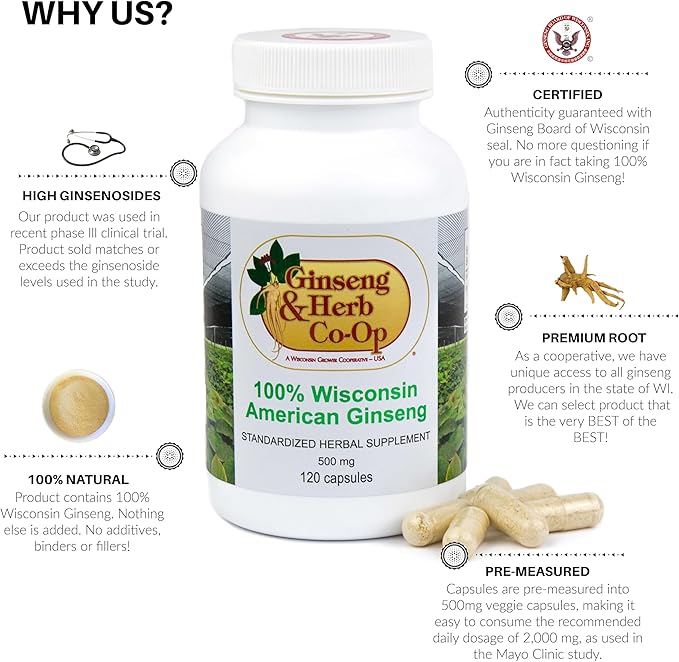 100% Pure Wisconsin American Ginseng Capsules - 500mg. Authentic Panax Quinquefolius. Potent Ground Ginseng Root - No Fillers, Binders or Other Additives. (120 Count)