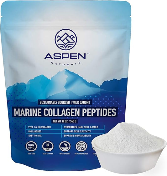 ASPEN NATURALS Marine Collagen Peptides Powder 12 Oz – Type I & III | Sustainably Sourced, Wild Caught | for Hair, Skin & Nails | Unflavoured, Easy to Mix, Gluten-Free, Non-GMO