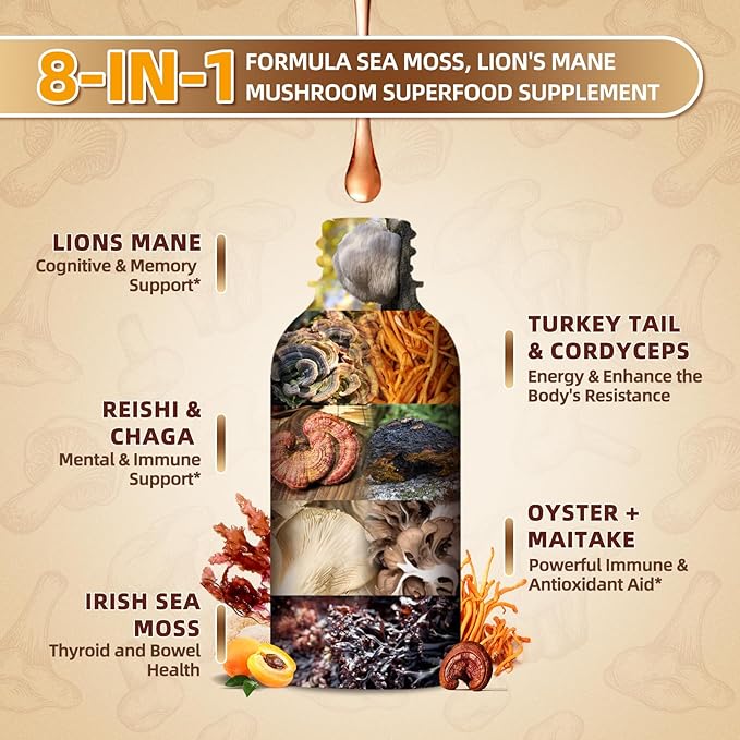 Lions Mane Mushroom Liquid Drops with 6 Mushroom Complex & Irish Sea Moss, Dual-Extracted for Cognitive & Immune Support – Vegan, Non-GMO Supplement – 60mL Peach Flavor