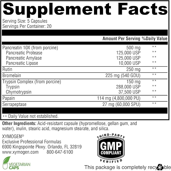 XYMOGEN ProteoXyme - Pancreatic Enzymes, Serrapeptase, Rutin, Papain & Bromelain - Designed to Support Tissue Integrity & Healthy Immune System Balance (100 Acid-Resistant Capsules)