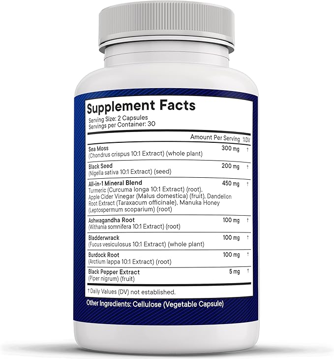 NEW AGE Silica Sea Moss, Black Seed Oil, Ashwagandha, Turmeric, Bladderwrack, Burdock - with Manuka, Honey Dandelion, ACV Black Pepper Gluten Free