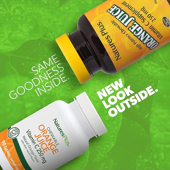 Natures Plus Orange Juice Chewable Vitamin C - 250 mg, 90 Vegetarian Tablets - High Potency Immune Support Supplement, Antioxidant - Gentle On Stomach - Gluten-Free - 90 Servings