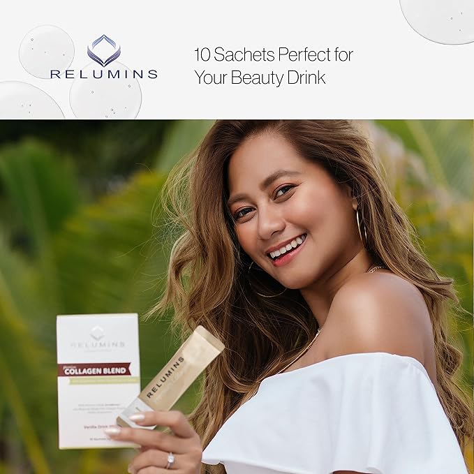 Relumins Marine Collagen Powder Drink Mix - Collagen Peptide with Glutathione, Green Tea, CoQ10, & Hyaluronic Acid Boosts Smooth Glowing Skin - 100 Powder Sachets x Vanilla Flavored + 10 Free Sachets