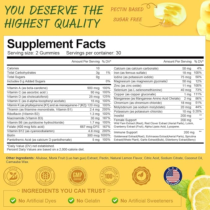 (2 Packs) Sugar Free Multivitamin Gummies for Women 14+ w/Iron, Inositol, Folate, Biotin, Womens Daily Multivitamin Gummy w/Vitamin A, D, C, B, Support Hair, Skin, Energy, Immune, Lemon Flavor
