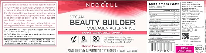 NeoCell Vegan Beauty Builder Collagen Alternative; Plant-Based Vegan Collagen-Booster Supports Collagen Production; Hibiscus Flavored; 8 g Powder/Serv; 30 Servs; 8.5 Oz,* (Pack of 2)