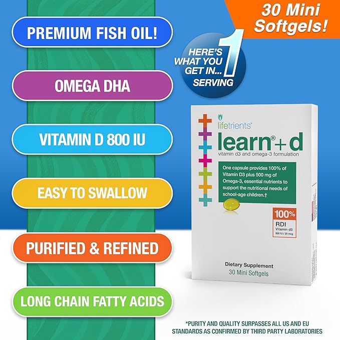 Learn+D - Vitamin D3, Omega 3 Formulation - 30 Mini Softgels