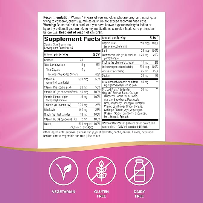 Nature’s Way Alive! Prenatal Multivitamin, Plant-Based DHA for Baby's Healthy Brain & Eye Development*, Vegetarian, Orange and Raspberry Lemonade Flavored, 90 Gummies (Packaging May Vary)