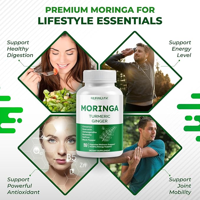 Moringa 12-in-1 Supplement with Turmeric Cinnamon Quercetin Ashwagandha Ginger Boswellia Nettle Saffron Tart Cherry Garlic - Made in The USA