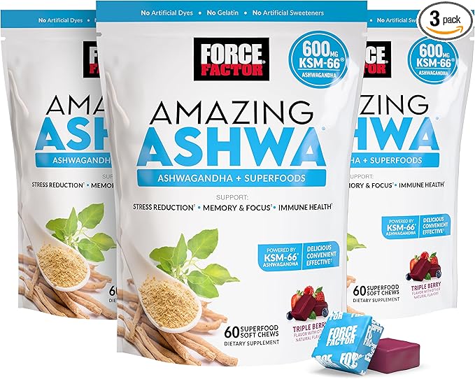 FORCE FACTOR Amazing Ashwa for Stress Relief, Memory, Focus, and Immune Support Health, Ashwaganda Supplement with KSM-66 Ashwagandha for Stress, 180 Soft Chews