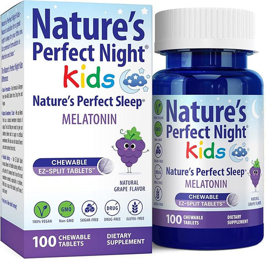 Nature's Perfect Night Kids | Kids Melatonin 1mg | 100 Chewable Tablets | Natural Grape Flavor | Sugar Free | Vegan | Gluten Free | Drug Free | Value Size