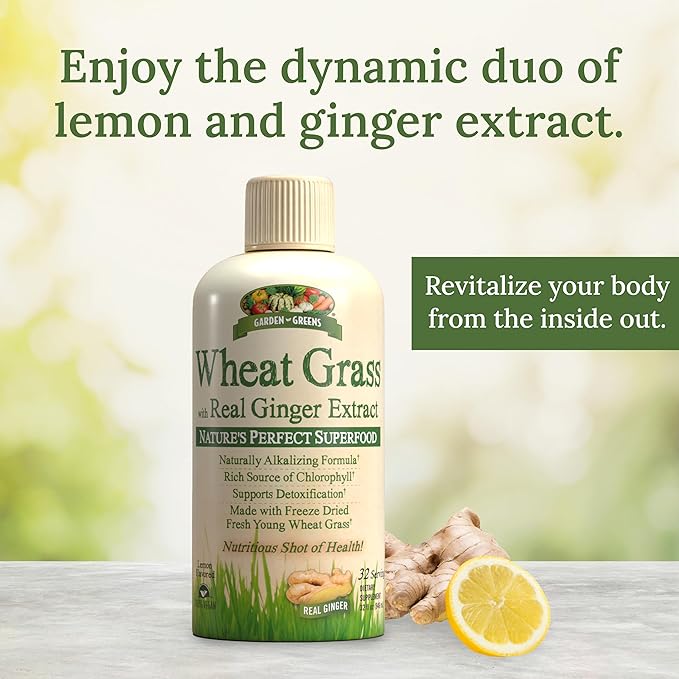 Garden Greens Wheat Grass Liquid with Real Ginger Extract, Nature's Perfect Superfood, 32 servings