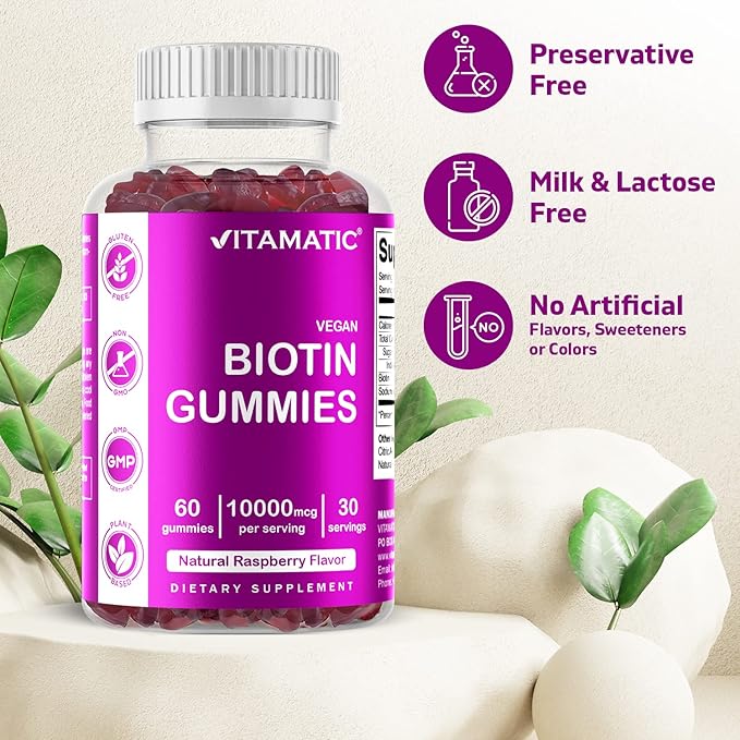 Vitamatic Biotin Gummies 10,000 mcg for Stronger Hair, Skin & Nails - 60 Vegan Gummies - Also Called Vitamin B7 (6 Bottles)