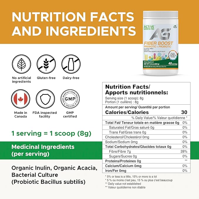 Fibre Boost Prebiotic + Probiotic - Organic - Enzyme & Vitamin Production - Supports Bowel Regularity - Digestive Health - Unflavoured - Gluten Free - Sugar Free - 320g/40 Servings
