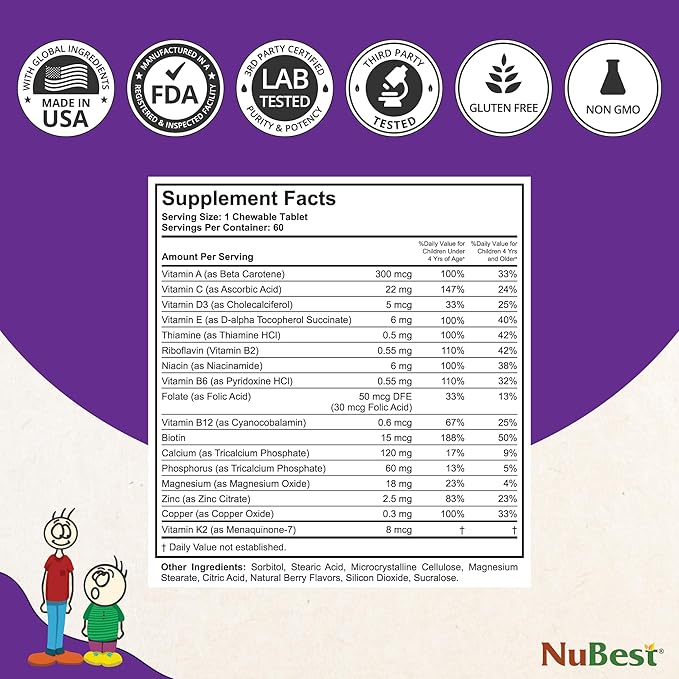 NuBest Tall Kids - Multivitamins & Minerals for Age 2 to 9 - Bone Strength & Immunity Support - Helps Kids, Toddlers Healthy - Animal Shapes - 60 Chewable Berry Tablets | 1 Month Supply