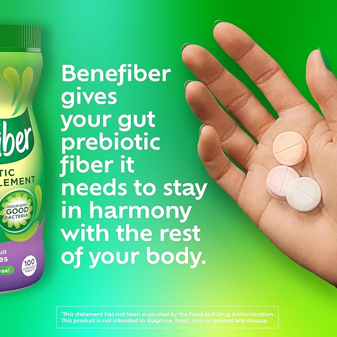 Benefiber Chewable Prebiotic Fiber Supplement Tablets for Digestive Health, Assorted Fruit Flavors - 100 Count