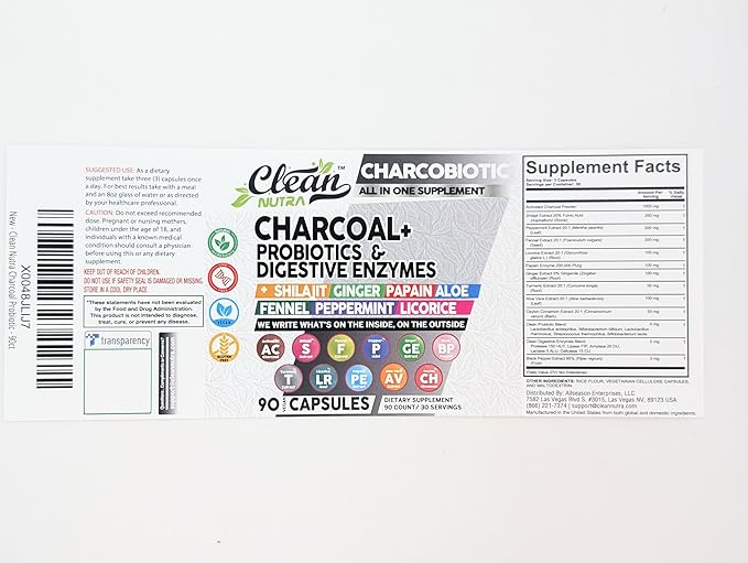 Clean Nutra Activated Charcoal Capsules Shilajit 5000mg Pills Probiotic 200 Billion + Digestive Enzymes for Digestive Health with Peppermint Fennel Licorice Papain Ginger Turmeric | Gut Health