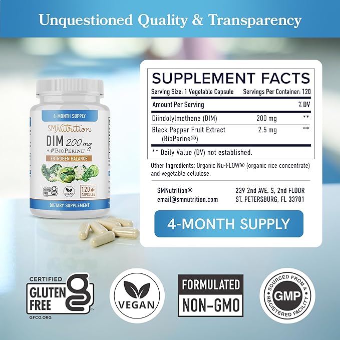 DIM Supplement 200 mg (120 Ct) | Estrogen Balance for Women & Men | Hormone Balance, Hormonal Acne Supplements, Menopause, Antioxidant & PMS Support | Non-GMO, Vegan, Soy Free | 4 Month Supply