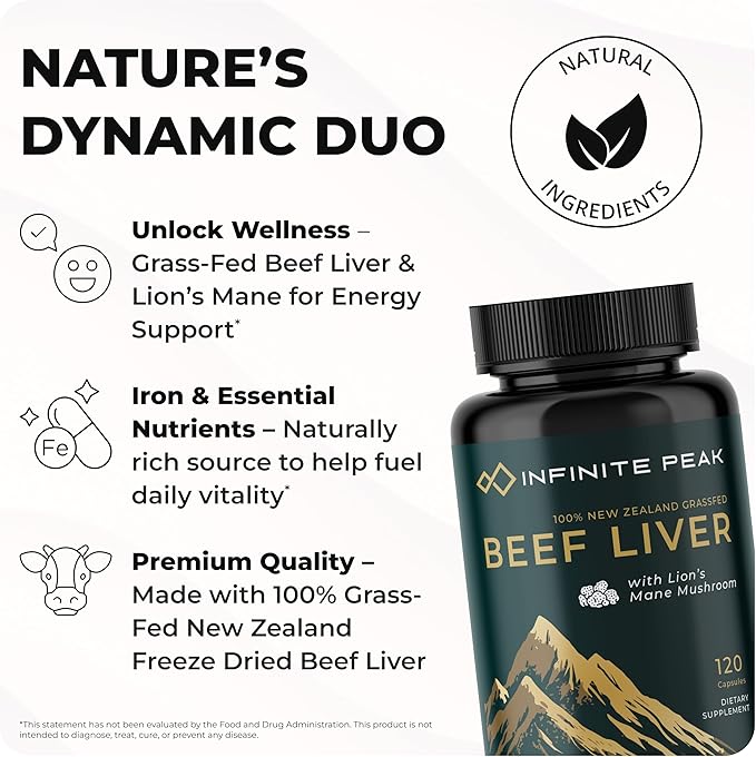 Natural Energy & Focus for High Performing Professionals w/Grass Fed Beef Liver Capsules w/Lions Mane | Grassfed Beef Liver Supplement Supports Full Body Wellness & Iron Levels | 30 Serving-120 Cnt