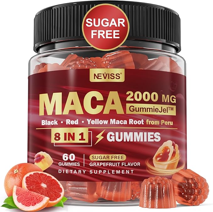 Sugar Free Maca Root Filled Gummies for Women Men | Organic Black, Red, Yellow Maca 2000mg Per Serving | with Ashwagandha | Vegan, Non-GMO & Gluten Free Supplement | Grapefruit Flavor, 60 Count
