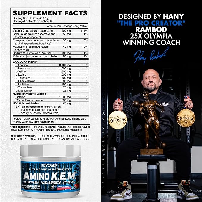 Evogen Amino K.E.M. - EAA & BCAA Powder Pump Volumizer | BCAAs Amino Acids Supplement for Blood Flow, Muscle Growth, & Hydration | Blueberry Apple | 30 Servings