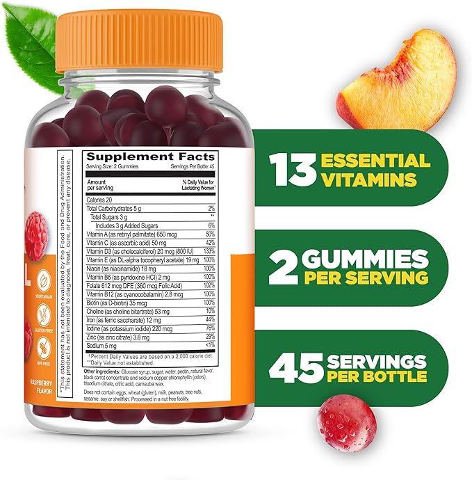 Lifeable Postnatal Multivitamin with Iron, Choline and Iodine | Great Tasting Postnatal Vitamins for Women Breastfeeding | Vegetarian Non-GMO Lactation Supplement | 90 Gummies